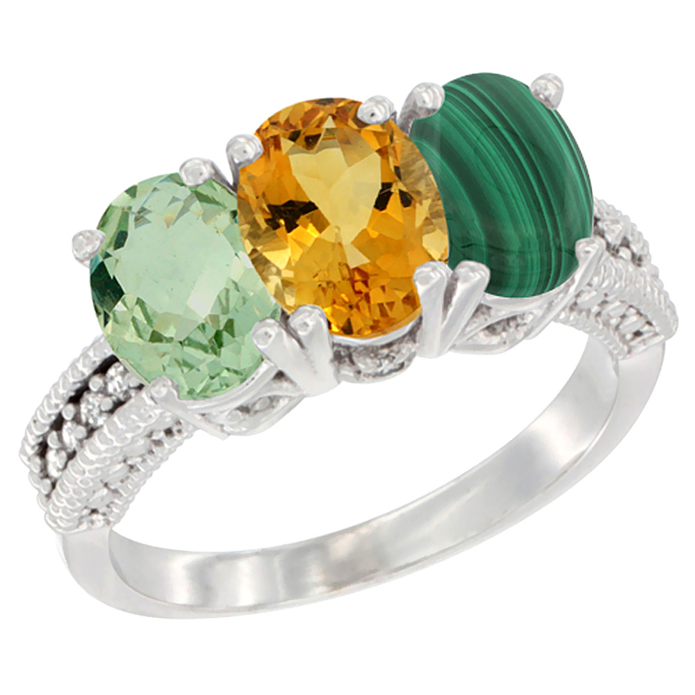 14K White Gold Natural Green Amethyst, Citrine & Malachite Ring 3-Stone 7x5 mm Oval Diamond Accent, sizes 5 - 10