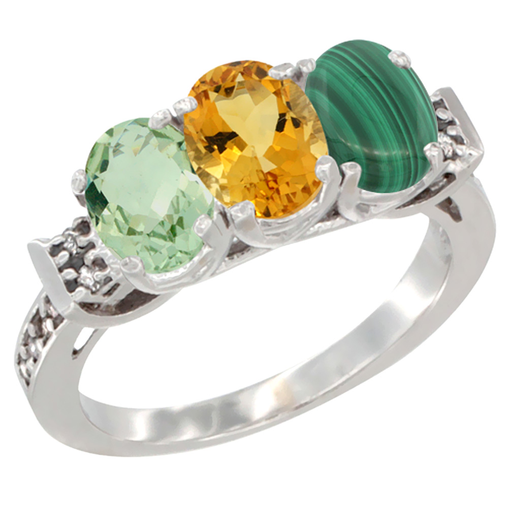 14K White Gold Natural Green Amethyst, Citrine & Malachite Ring 3-Stone 7x5 mm Oval Diamond Accent, sizes 5 - 10