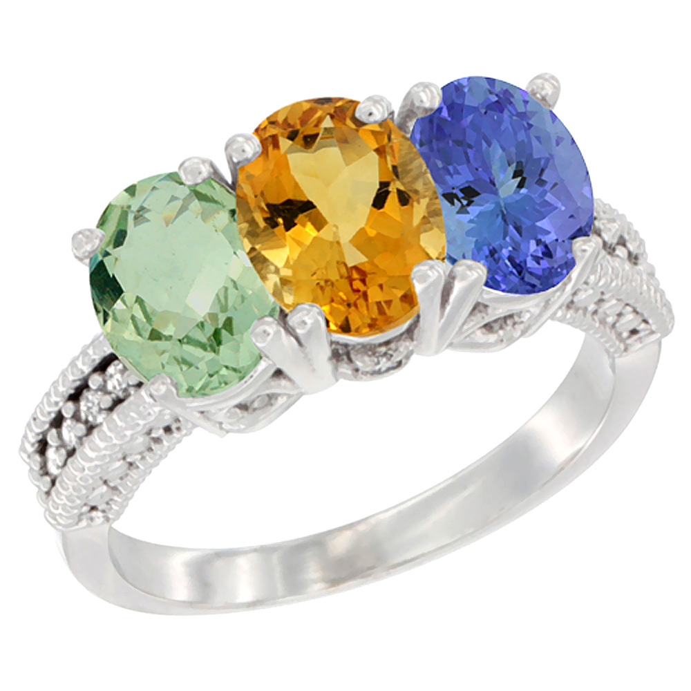 14K White Gold Natural Green Amethyst, Citrine & Tanzanite Ring 3-Stone 7x5 mm Oval Diamond Accent, sizes 5 - 10