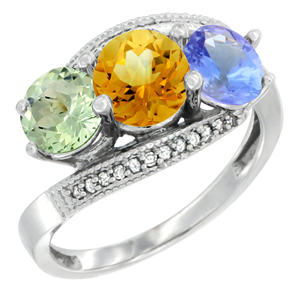 10K White Gold Natural Green Amethyst, Citrine &amp; Tanzanite 3 stone Ring Round 6mm Diamond Accent, sizes 5 - 10