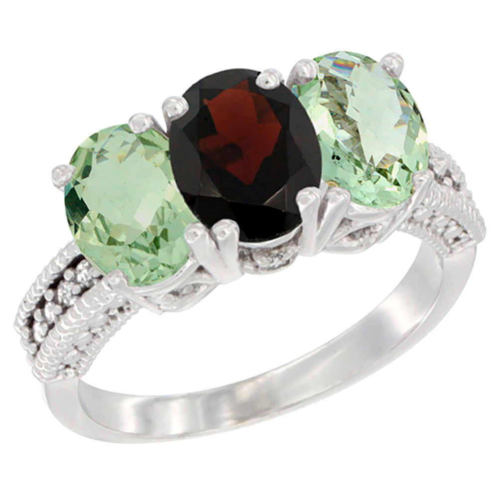 14K White Gold Natural Garnet & Green Amethyst Sides Ring 3-Stone 7x5 mm Oval Diamond Accent, sizes 5 - 10