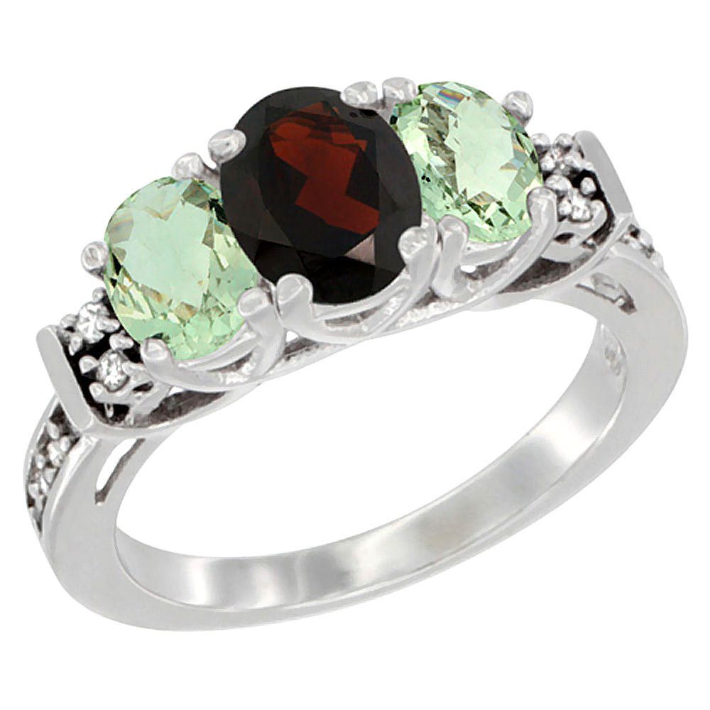 10K White Gold Natural Garnet &amp; Green Amethyst Ring 3-Stone Oval Diamond Accent, sizes 5-10