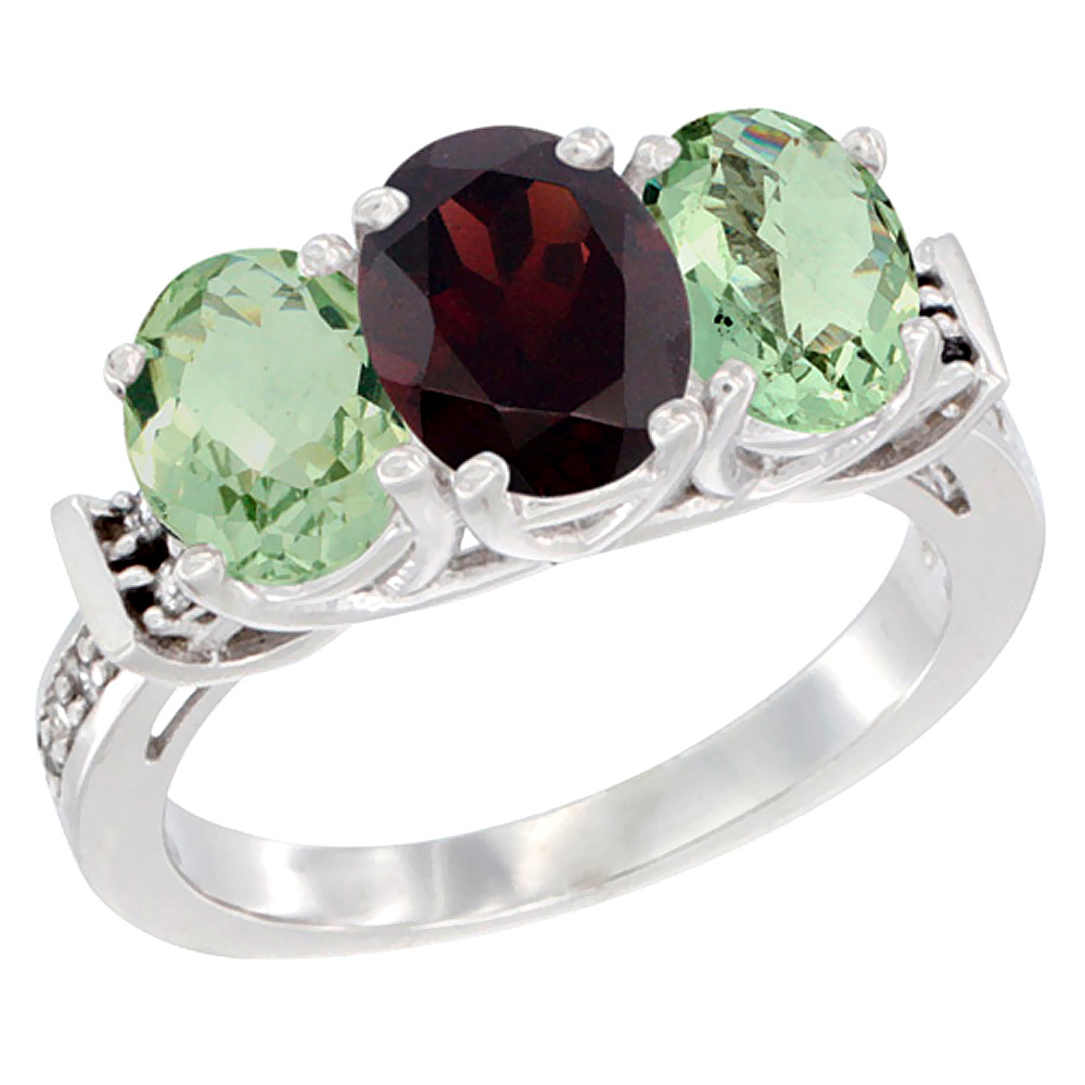 14K White Gold Natural Garnet & Green Amethyst Sides Ring 3-Stone Oval Diamond Accent, sizes 5 - 10