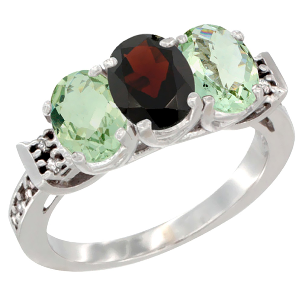 14K White Gold Natural Garnet & Green Amethyst Sides Ring 3-Stone 7x5 mm Oval Diamond Accent, sizes 5 - 10
