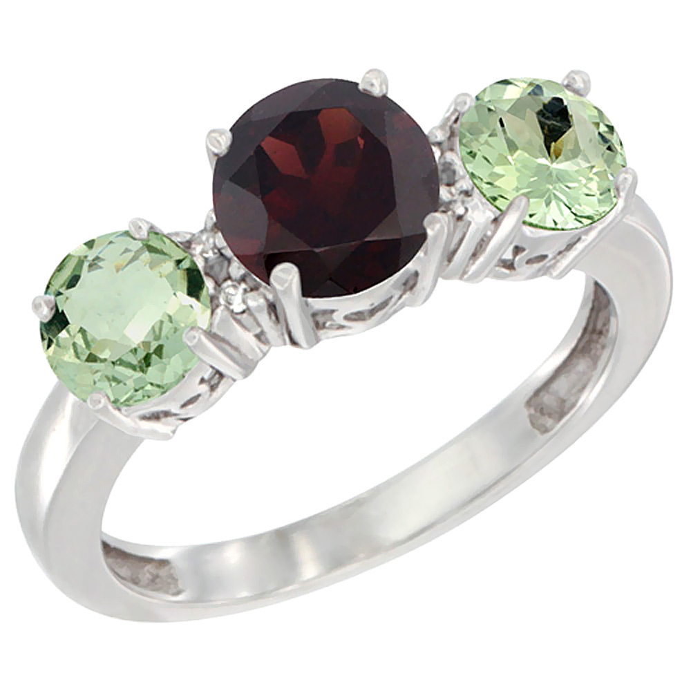 14K White Gold Round 3-Stone Natural Garnet Ring & Green Amethyst Sides Diamond Accent, sizes 5 - 10