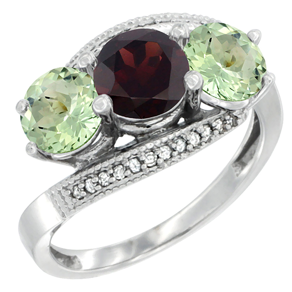 14K White Gold Natural Garnet & Green Amethyst Sides 3 stone Ring Round 6mm Diamond Accent, sizes 5 - 10