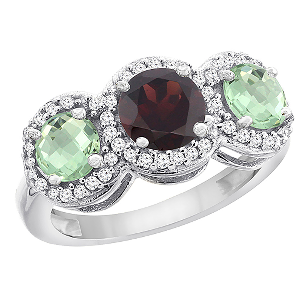 10K White Gold Natural Garnet &amp; Green Amethyst Sides Round 3-stone Ring Diamond Accents, sizes 5 - 10
