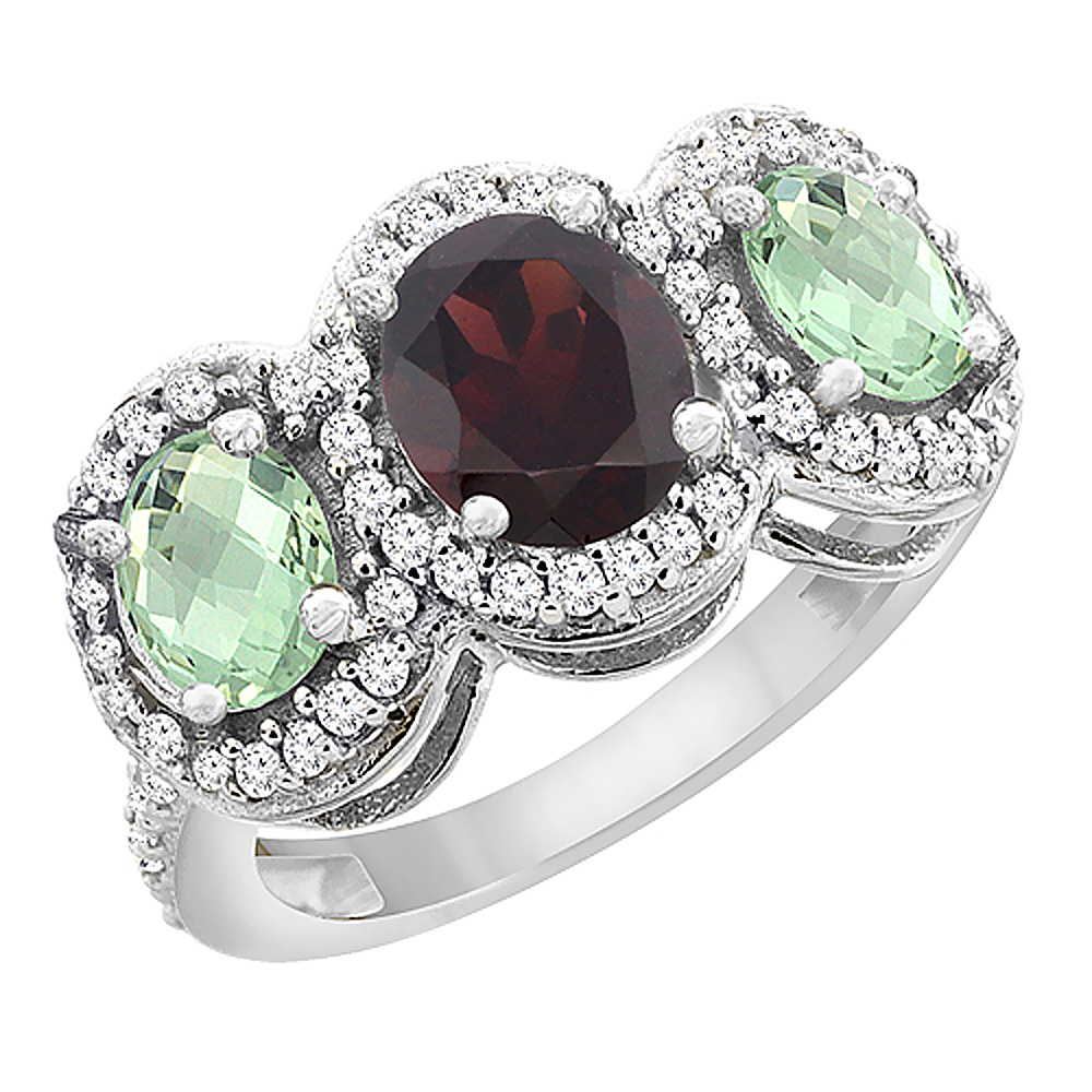 10K White Gold Natural Garnet &amp; Green Amethyst 3-Stone Ring Oval Diamond Accent, sizes 5 - 10