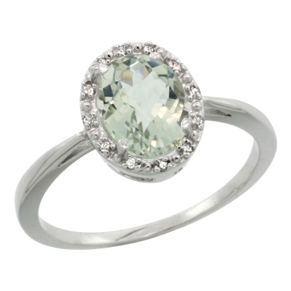 14K White Gold Natural Green Amethyst Diamond Halo Ring Oval 8X6mm, sizes 5-10
