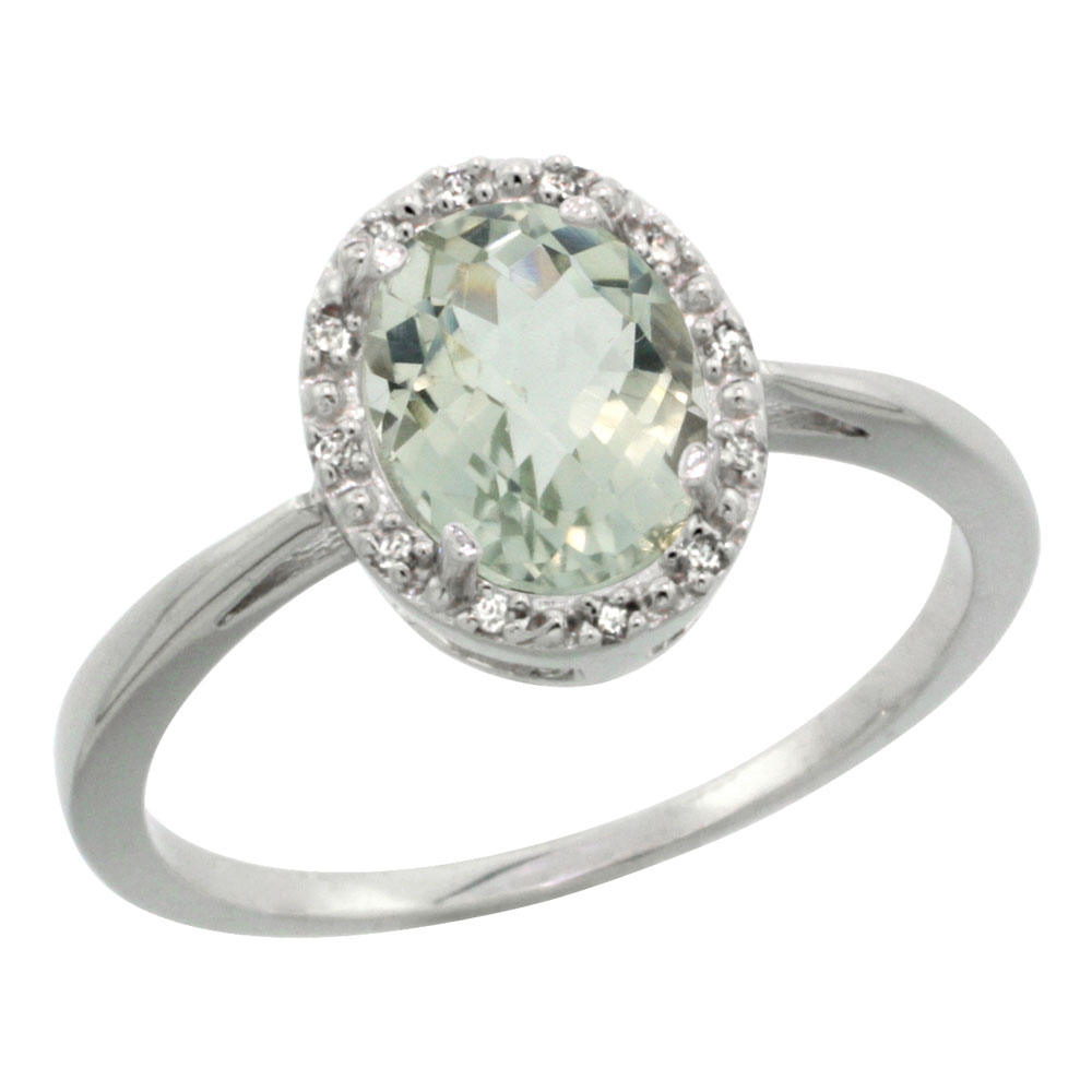 10K White Gold Diamond Halo Genuine Green Amethyst Ring Oval 8X6mm sizes 5-10