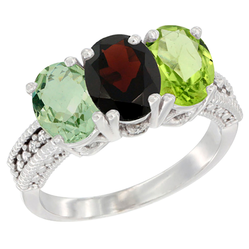 10K White Gold Natural Green Amethyst, Garnet & Peridot Ring 3-Stone Oval 7x5 mm Diamond Accent, sizes 5 - 10