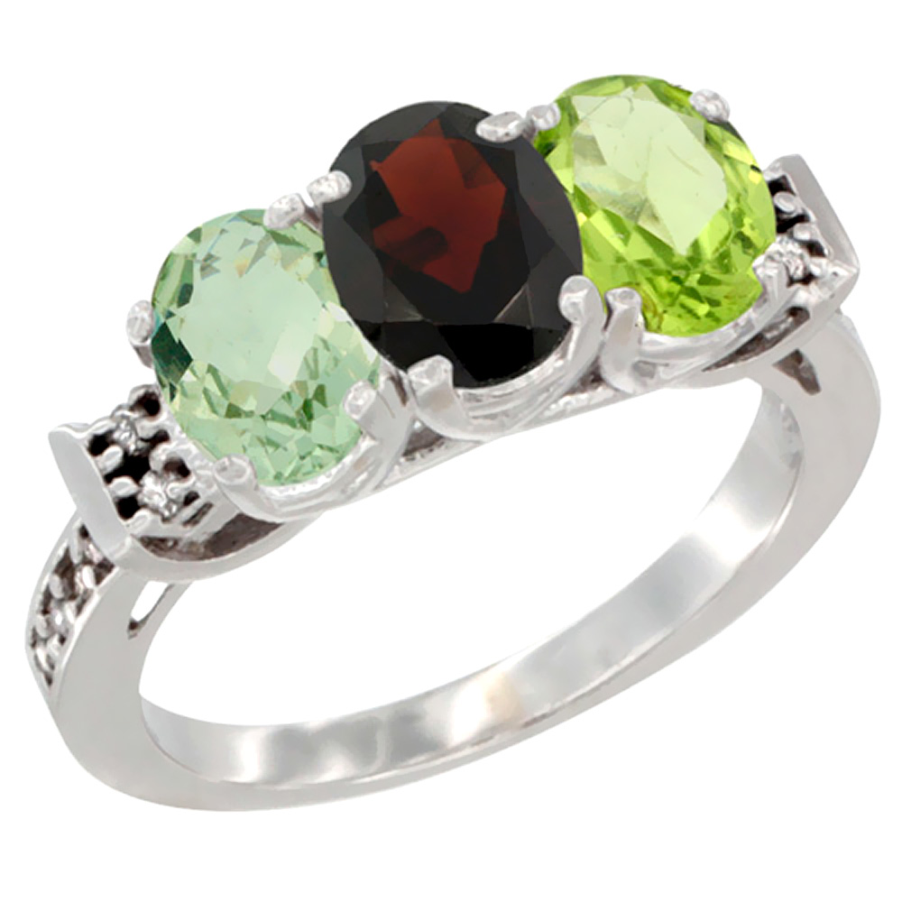 14K White Gold Natural Green Amethyst, Garnet & Peridot Ring 3-Stone 7x5 mm Oval Diamond Accent, sizes 5 - 10