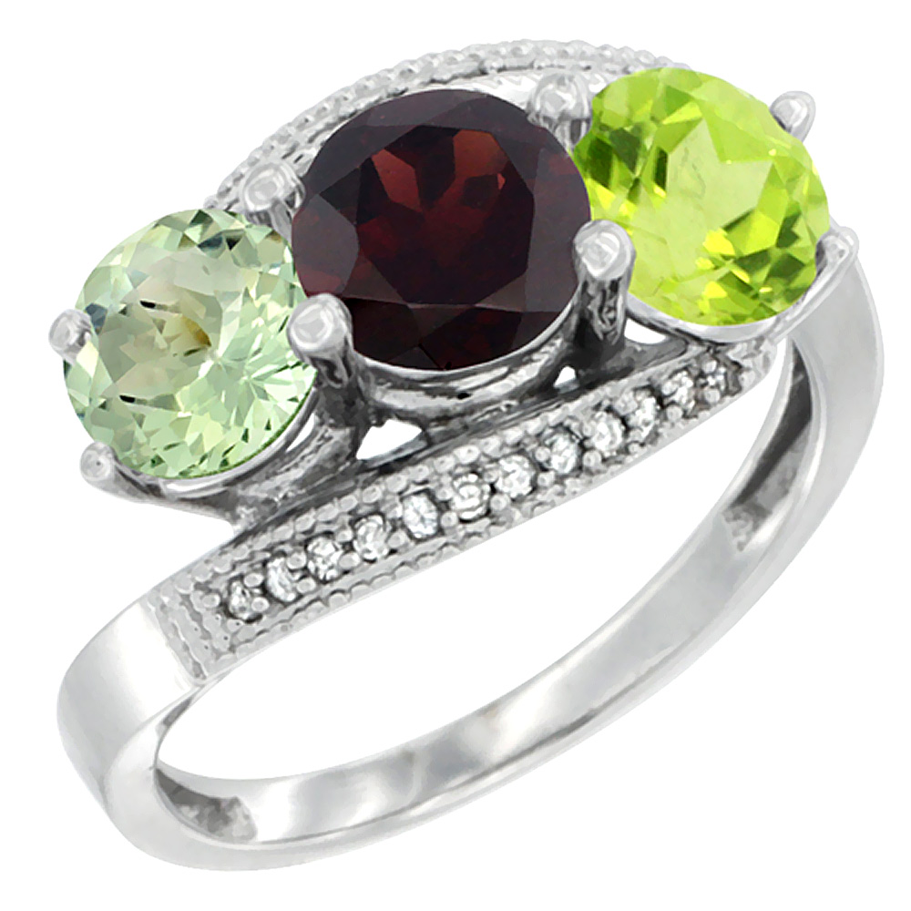 10K White Gold Natural Green Amethyst, Garnet &amp; Peridot 3 stone Ring Round 6mm Diamond Accent, sizes 5 - 10