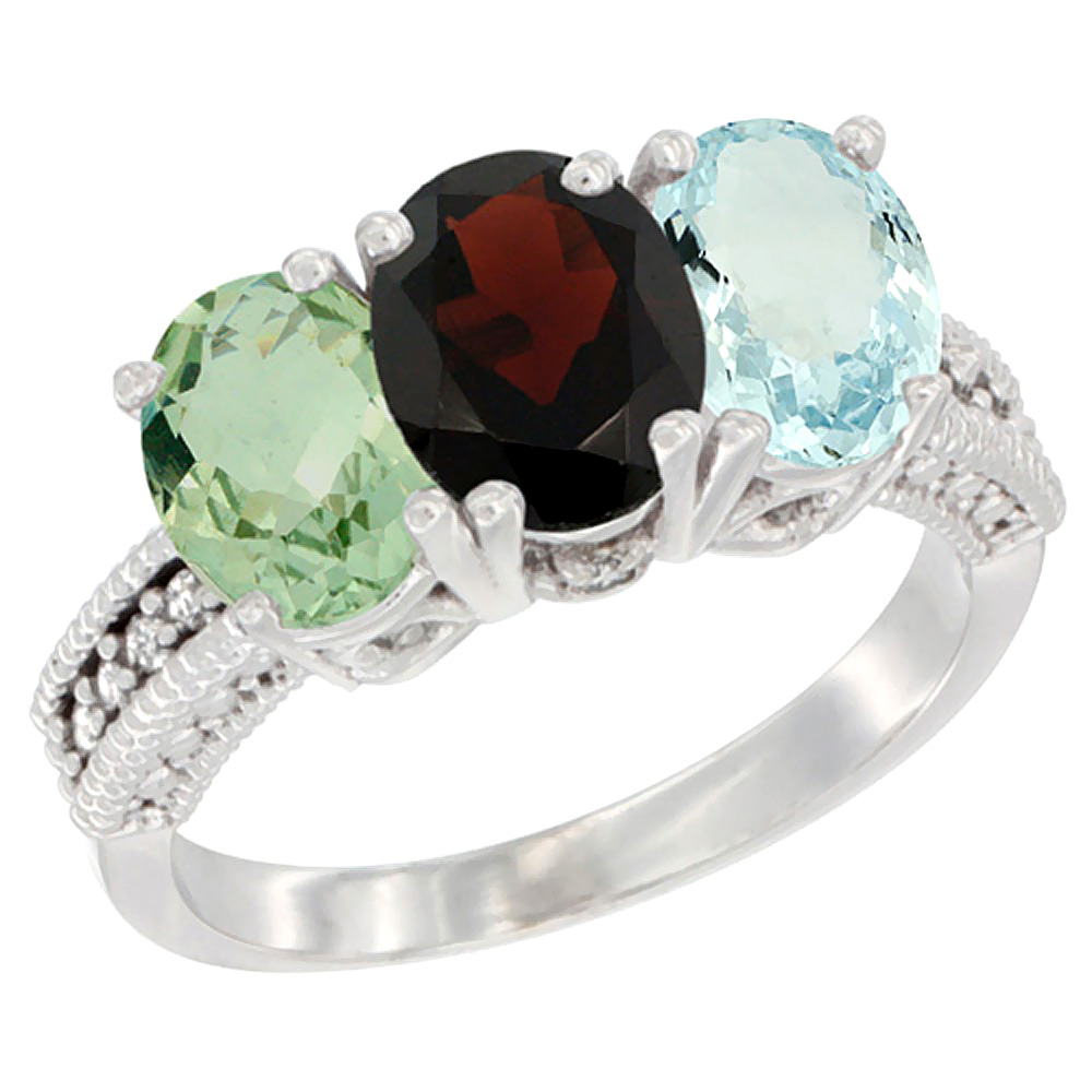 10K White Gold Natural Green Amethyst, Garnet & Aquamarine Ring 3-Stone Oval 7x5 mm Diamond Accent, sizes 5 - 10