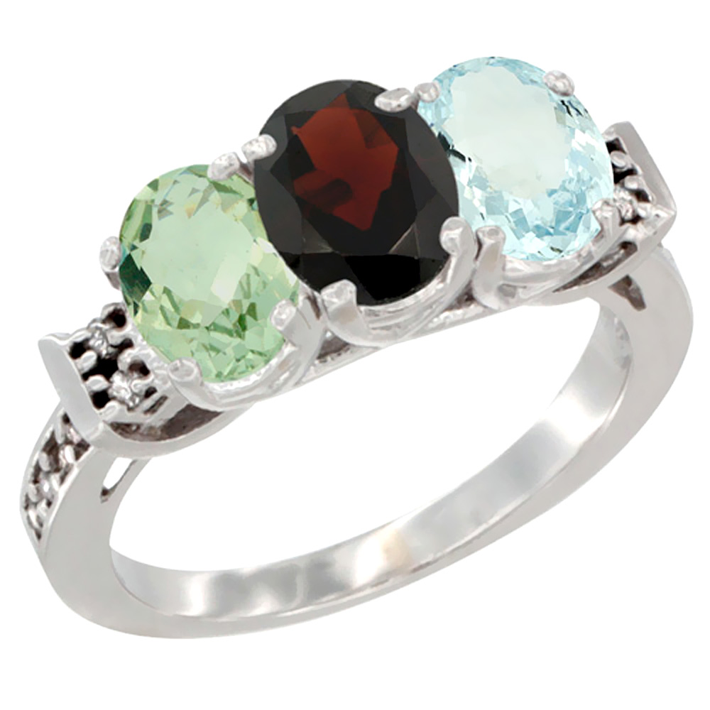 10K White Gold Natural Green Amethyst, Garnet & Aquamarine Ring 3-Stone Oval 7x5 mm Diamond Accent, sizes 5 - 10