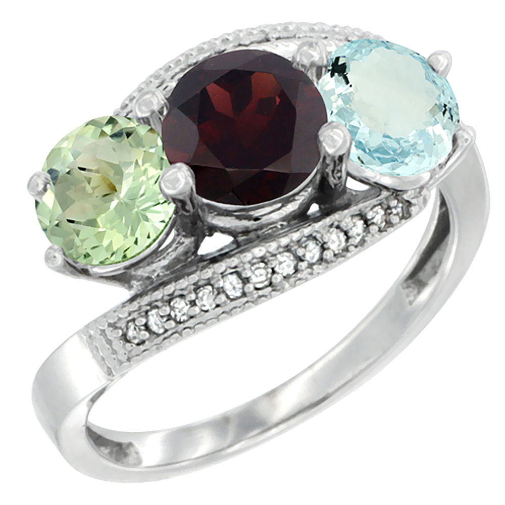 14K White Gold Natural Green Amethyst, Garnet & Aquamarine 3 stone Ring Round 6mm Diamond Accent, sizes 5 - 10