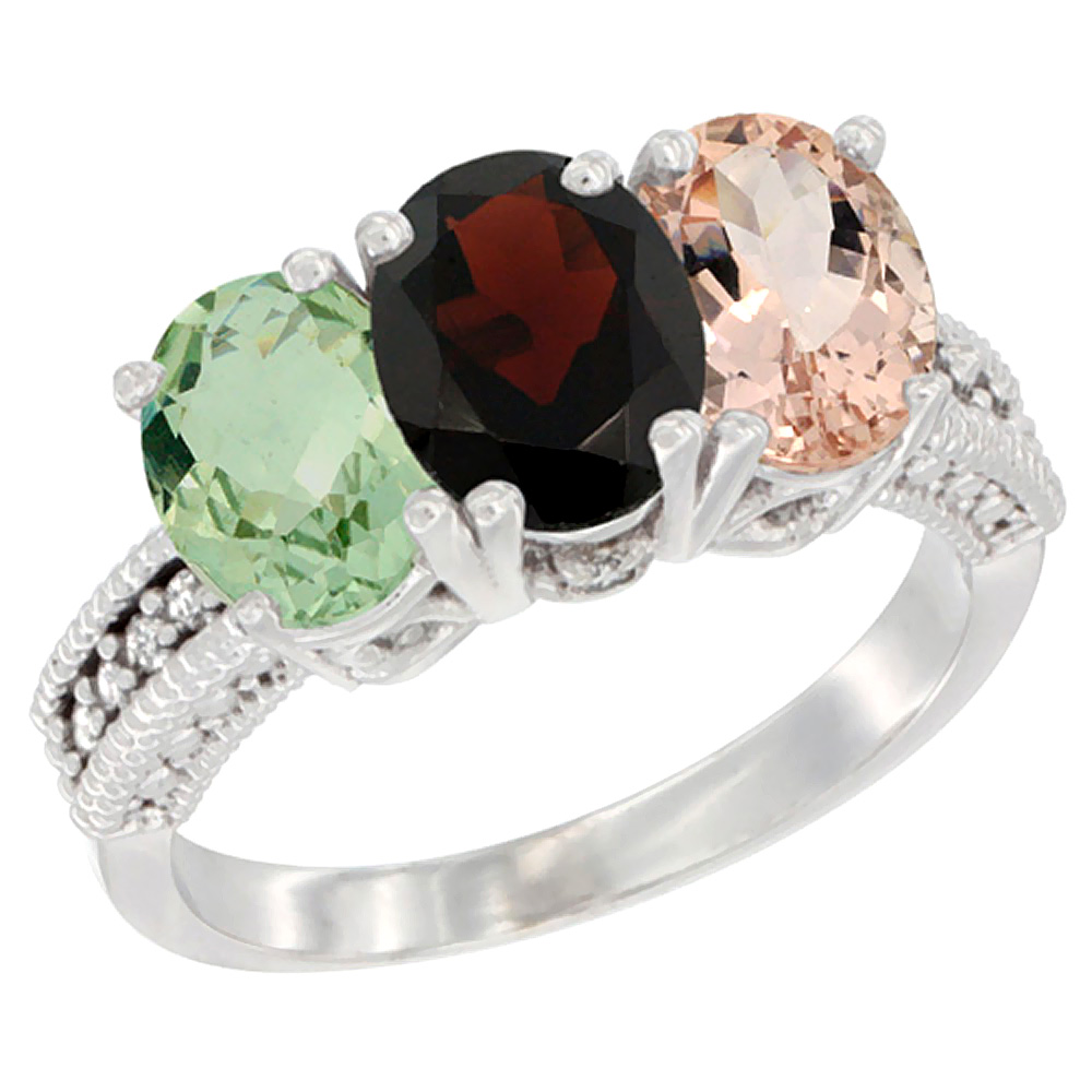 10K White Gold Natural Green Amethyst, Garnet & Morganite Ring 3-Stone Oval 7x5 mm Diamond Accent, sizes 5 - 10