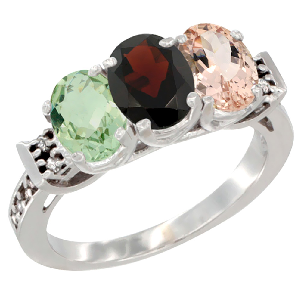 14K White Gold Natural Green Amethyst, Garnet &amp; Morganite Ring 3-Stone 7x5 mm Oval Diamond Accent, sizes 5 - 10