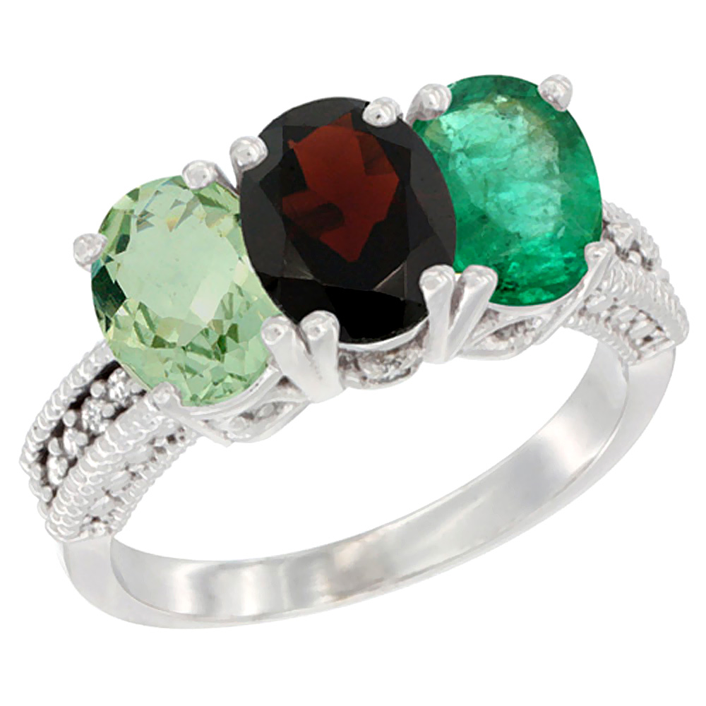 14K White Gold Natural Green Amethyst, Garnet & Emerald Ring 3-Stone 7x5 mm Oval Diamond Accent, sizes 5 - 10