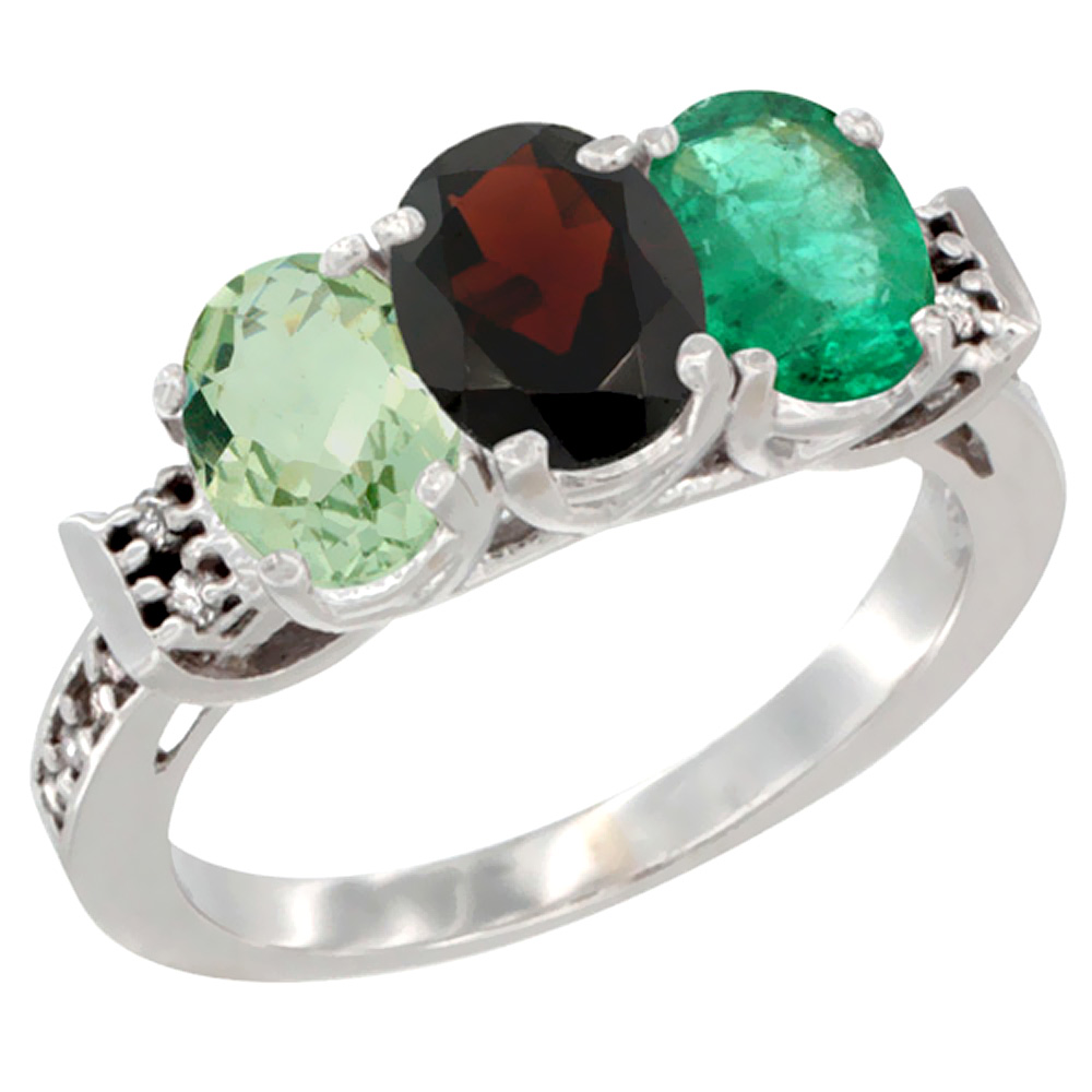 14K White Gold Natural Green Amethyst, Garnet & Emerald Ring 3-Stone 7x5 mm Oval Diamond Accent, sizes 5 - 10