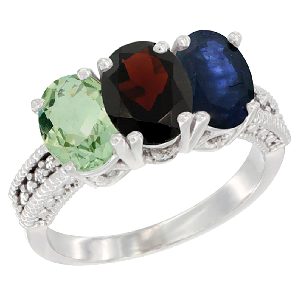 14K White Gold Natural Green Amethyst, Garnet &amp; Blue Sapphire Ring 3-Stone 7x5 mm Oval Diamond Accent, sizes 5 - 10