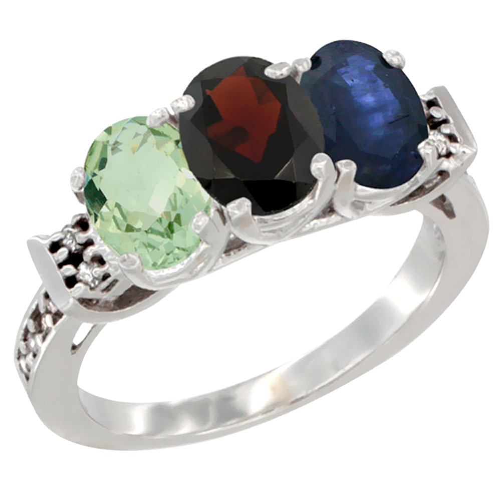 14K White Gold Natural Green Amethyst, Garnet & Blue Sapphire Ring 3-Stone 7x5 mm Oval Diamond Accent, sizes 5 - 10