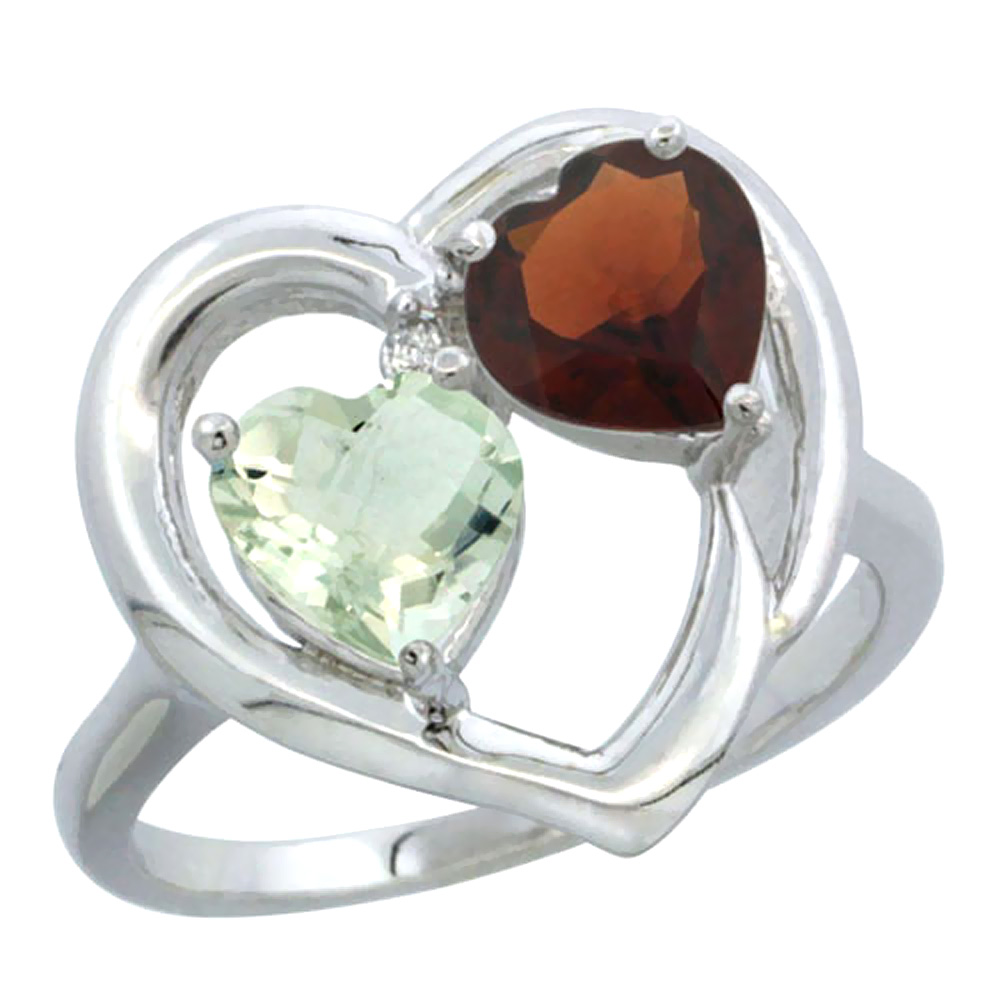 14K White Gold Diamond Two-stone Heart Ring 6mm Natural Green Amethyst &amp; Garnet, sizes 5-10