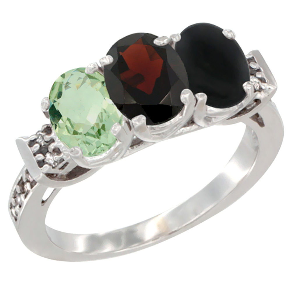 10K White Gold Natural Green Amethyst, Garnet & Black Onyx Ring 3-Stone Oval 7x5 mm Diamond Accent, sizes 5 - 10