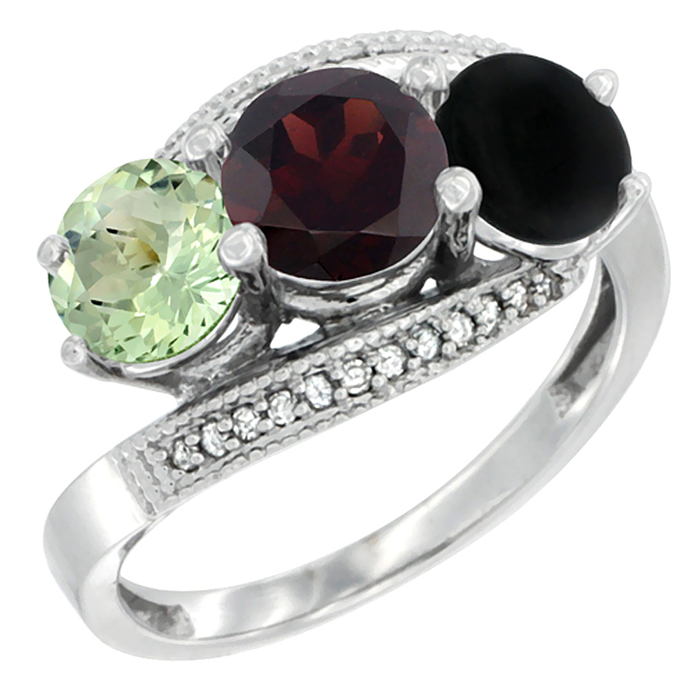 10K White Gold Natural Green Amethyst, Garnet & Black Onyx 3 stone Ring Round 6mm Diamond Accent, sizes 5 - 10