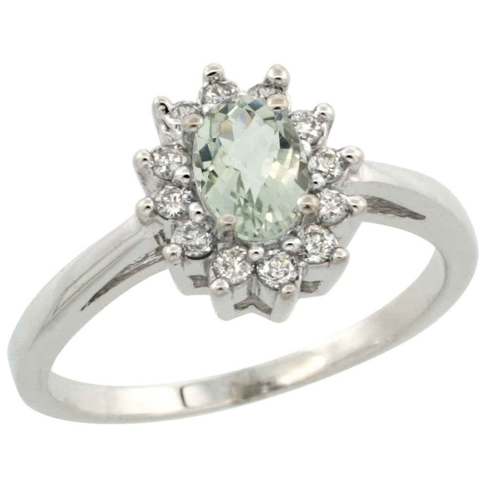 10K White Gold Diamond Halo Genuine Green Amethyst Flower Ring Oval 6x4 mm sizes 5-10