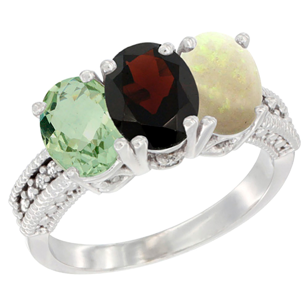 14K White Gold Natural Green Amethyst, Garnet & Opal Ring 3-Stone 7x5 mm Oval Diamond Accent, sizes 5 - 10