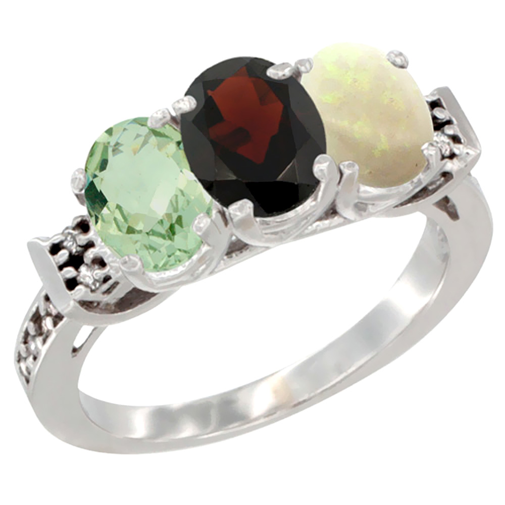 10K White Gold Natural Green Amethyst, Garnet & Opal Ring 3-Stone Oval 7x5 mm Diamond Accent, sizes 5 - 10