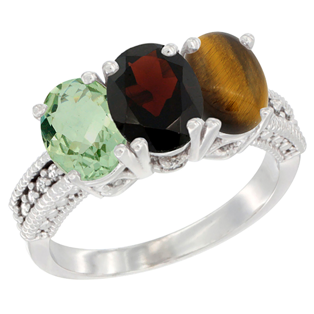 14K White Gold Natural Green Amethyst, Garnet & Tiger Eye Ring 3-Stone 7x5 mm Oval Diamond Accent, sizes 5 - 10