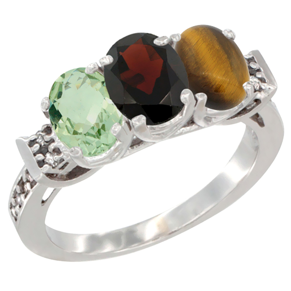 10K White Gold Natural Green Amethyst, Garnet & Tiger Eye Ring 3-Stone Oval 7x5 mm Diamond Accent, sizes 5 - 10