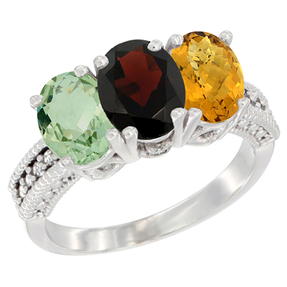 14K White Gold Natural Green Amethyst, Garnet & Whisky Quartz Ring 3-Stone 7x5 mm Oval Diamond Accent, sizes 5 - 10