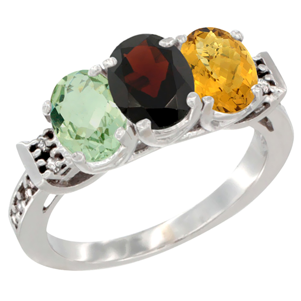 14K White Gold Natural Green Amethyst, Garnet & Whisky Quartz Ring 3-Stone 7x5 mm Oval Diamond Accent, sizes 5 - 10