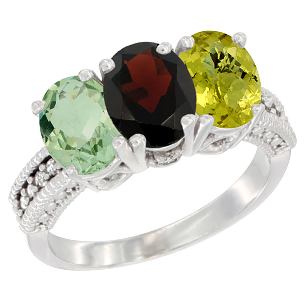 10K White Gold Natural Green Amethyst, Garnet & Lemon Quartz Ring 3-Stone Oval 7x5 mm Diamond Accent, sizes 5 - 10