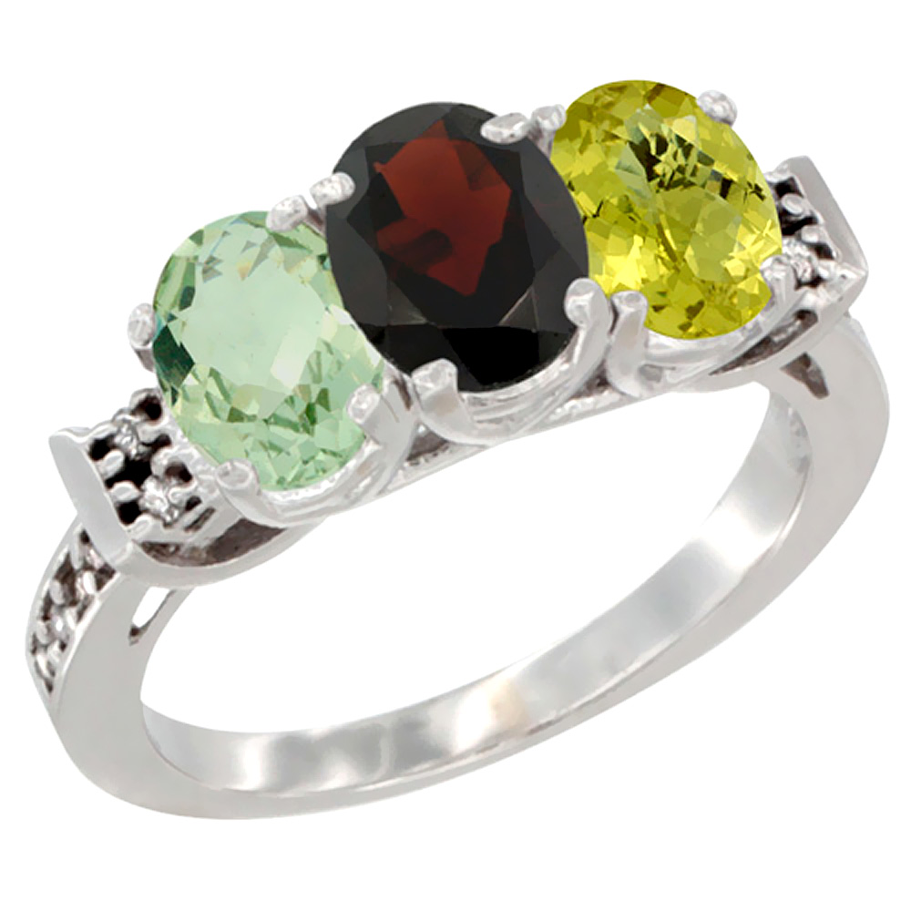 10K White Gold Natural Green Amethyst, Garnet & Lemon Quartz Ring 3-Stone Oval 7x5 mm Diamond Accent, sizes 5 - 10