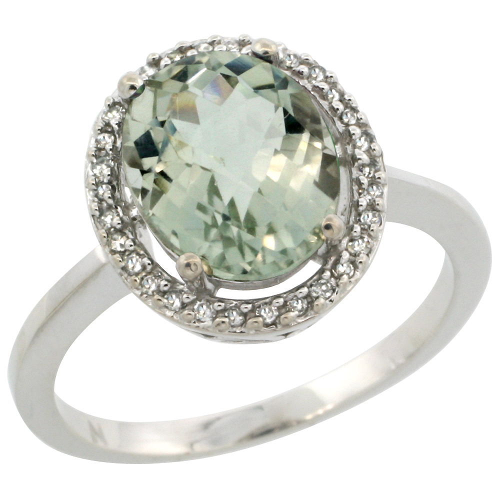 10K White Gold Diamond Halo Natural Green Amethyst Engagement Ring Oval 10x8 mm, sizes 5-10