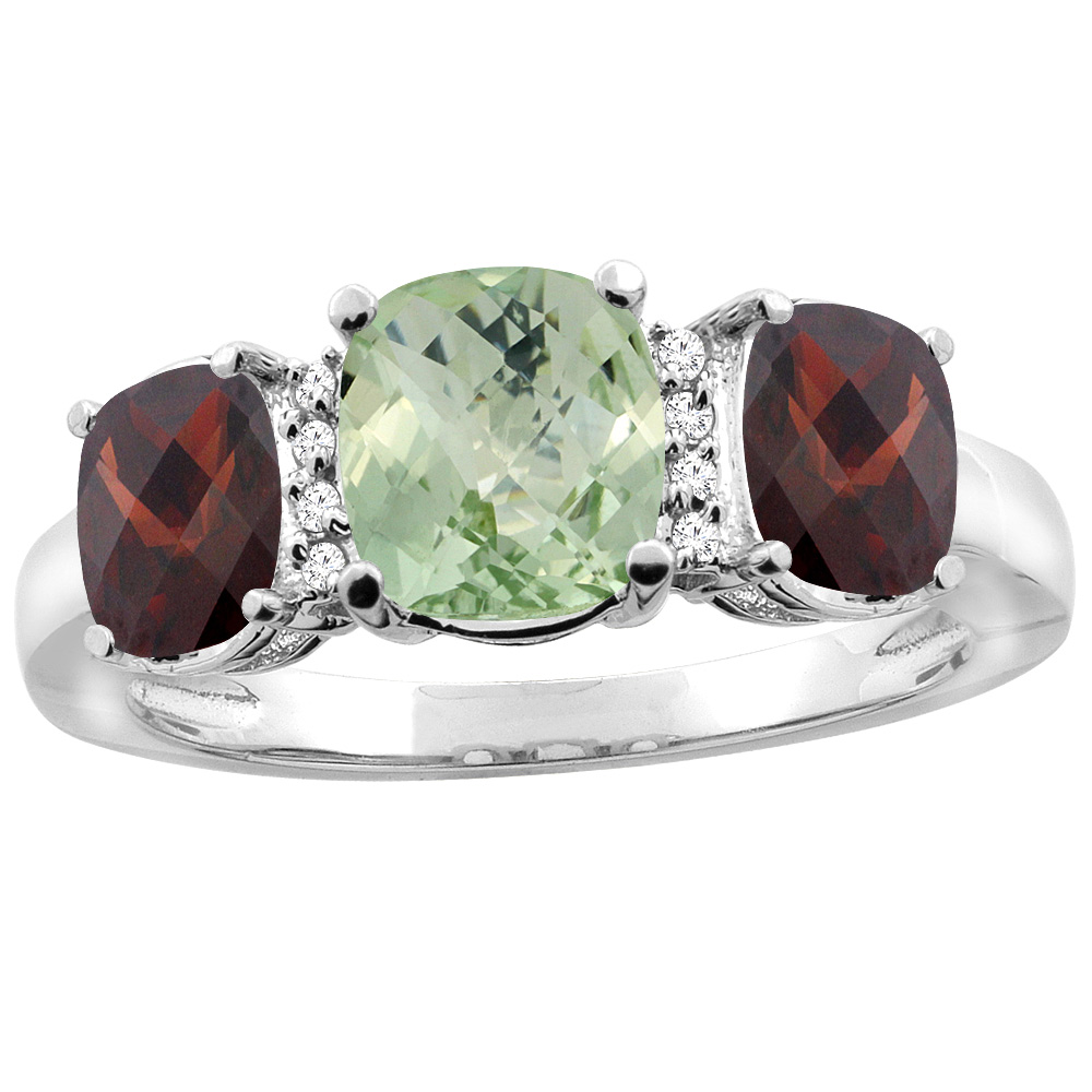 14K Yellow Gold Natural Green Amethyst & Garnet 3-stone Ring Cushion 8x6mm Diamond Accent, sizes 5 - 10