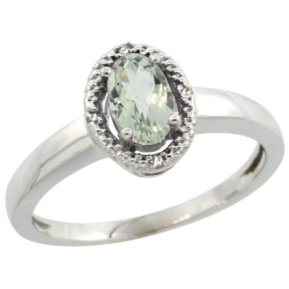 14K White Gold Diamond Halo Natural Green Amethyst Engagement Ring Oval 6X4 mm, sizes 5-10