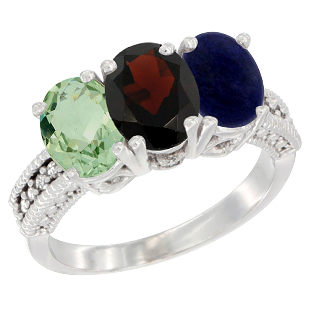 10K White Gold Natural Green Amethyst, Garnet & Lapis Ring 3-Stone Oval 7x5 mm Diamond Accent, sizes 5 - 10