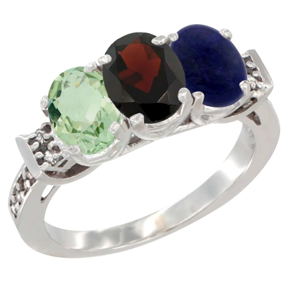 14K White Gold Natural Green Amethyst, Garnet & Lapis Ring 3-Stone 7x5 mm Oval Diamond Accent, sizes 5 - 10