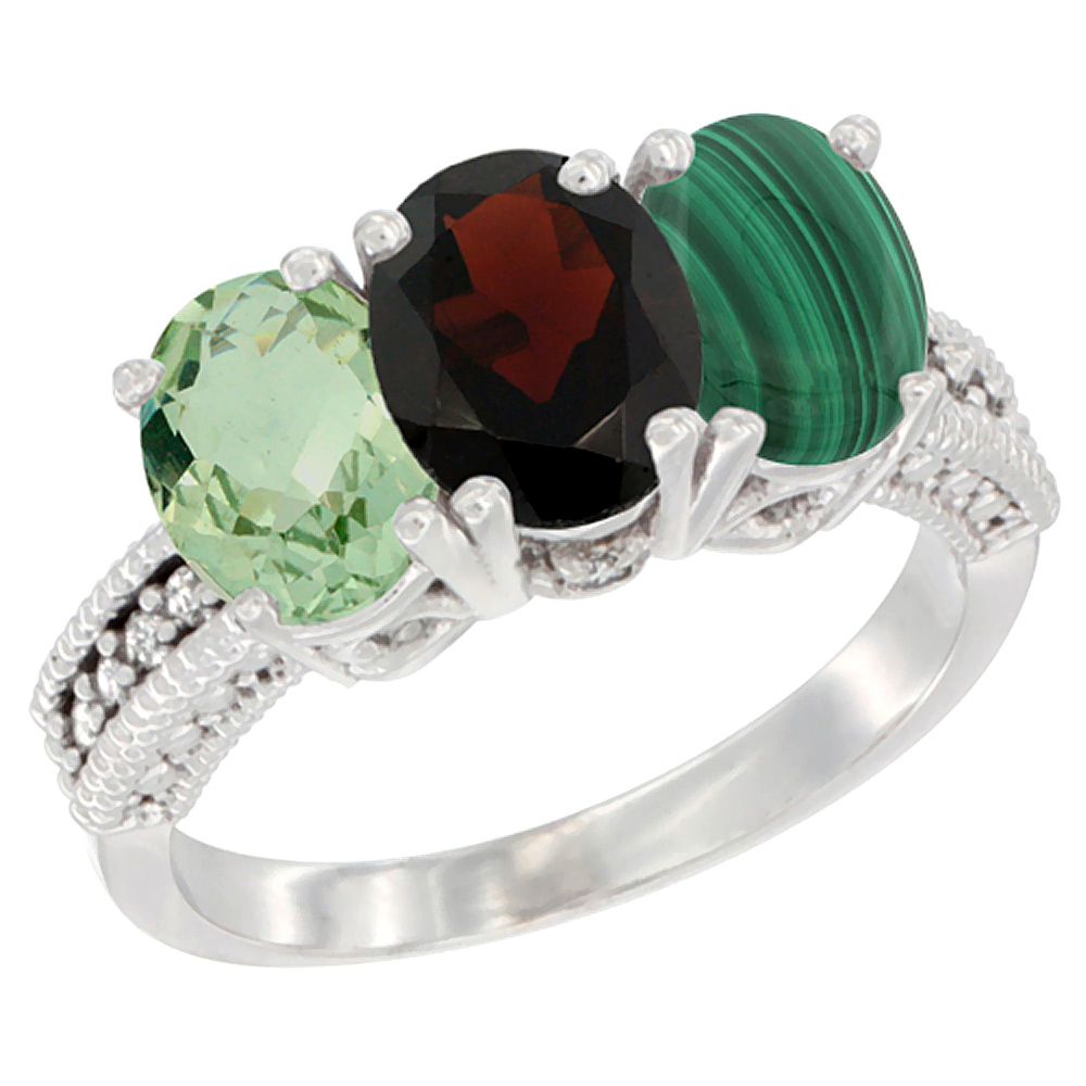 10K White Gold Natural Green Amethyst, Garnet &amp; Malachite Ring 3-Stone Oval 7x5 mm Diamond Accent, sizes 5 - 10