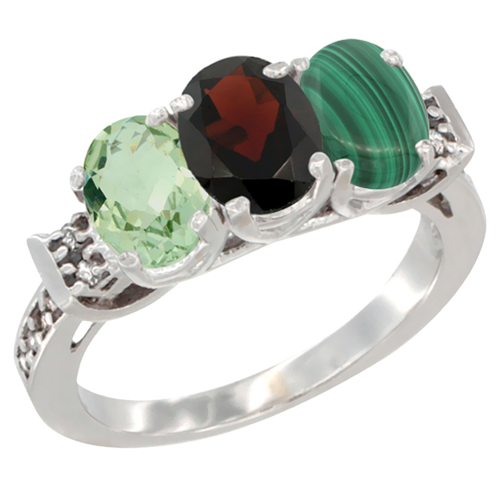 10K White Gold Natural Green Amethyst, Garnet &amp; Malachite Ring 3-Stone Oval 7x5 mm Diamond Accent, sizes 5 - 10