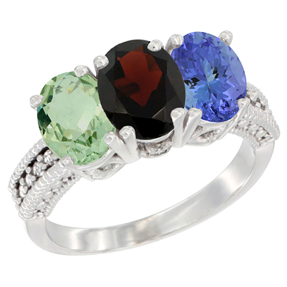 10K White Gold Natural Green Amethyst, Garnet &amp; Tanzanite Ring 3-Stone Oval 7x5 mm Diamond Accent, sizes 5 - 10