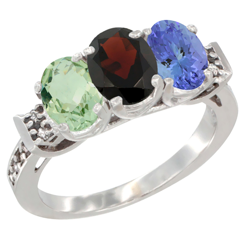 14K White Gold Natural Green Amethyst, Garnet & Tanzanite Ring 3-Stone 7x5 mm Oval Diamond Accent, sizes 5 - 10