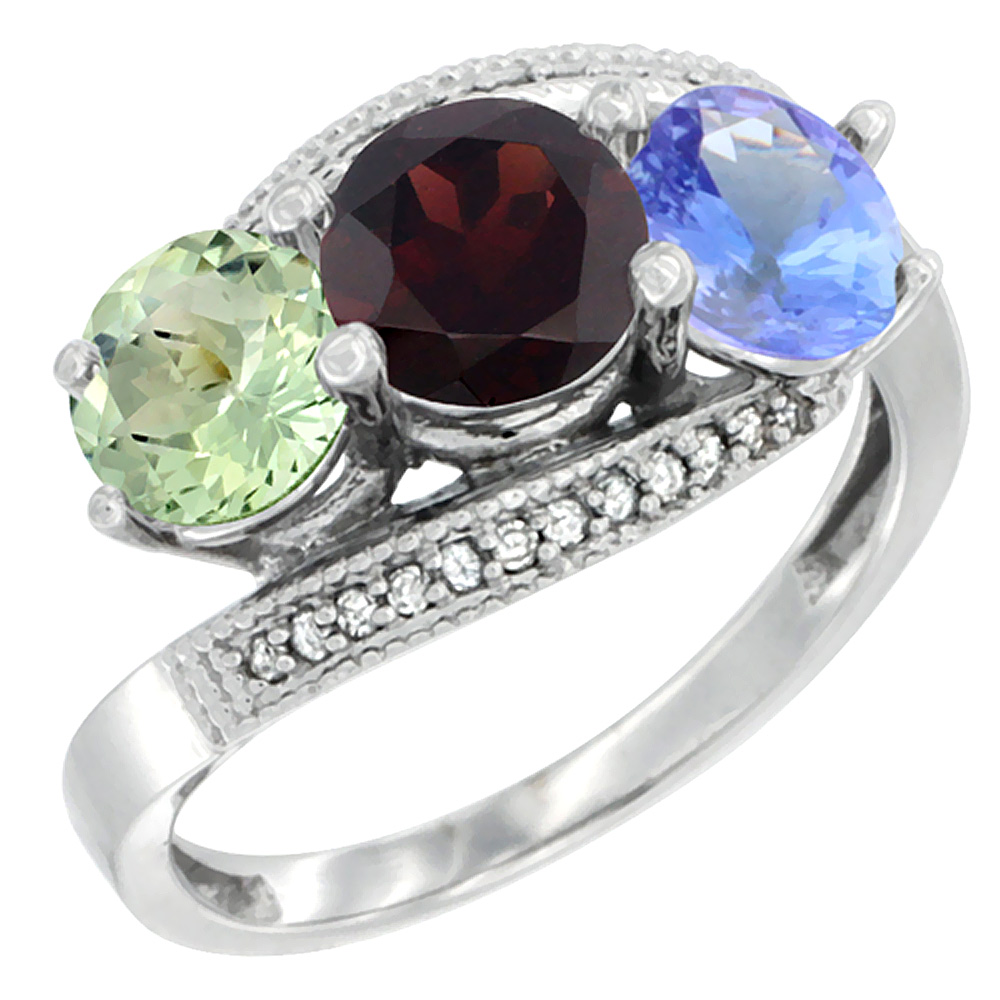 10K White Gold Natural Green Amethyst, Garnet & Tanzanite 3 stone Ring Round 6mm Diamond Accent, sizes 5 - 10