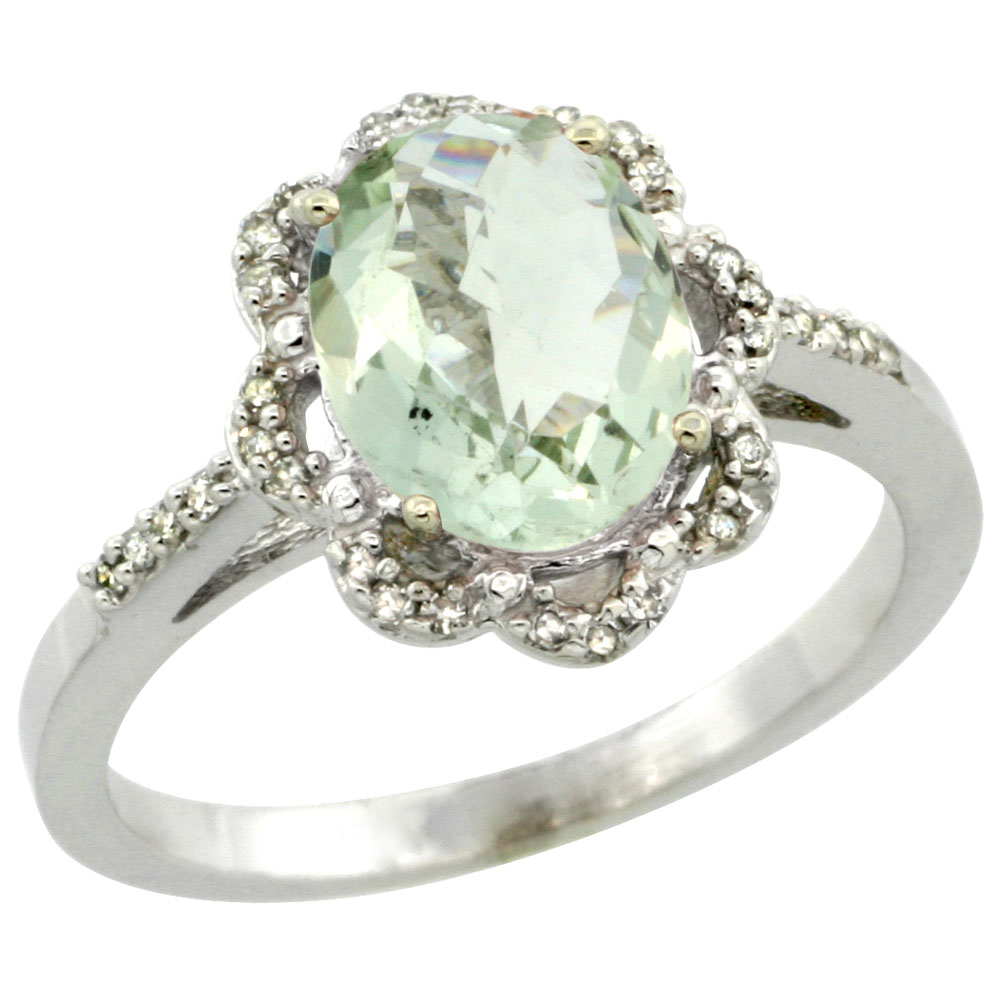 14K White Gold Diamond Halo Natural Green Amethyst Engagement Ring Oval 9x7mm, sizes 5-10