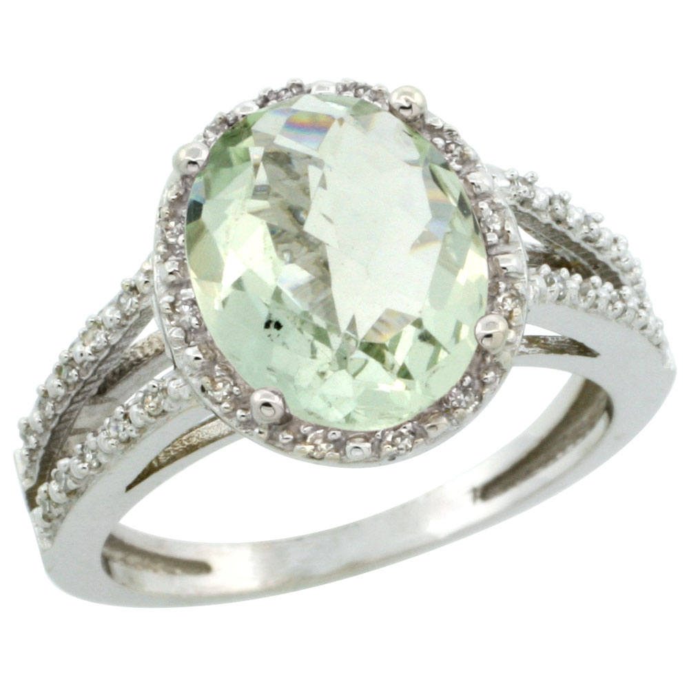 14K White Gold Natural Green Amethyst Diamond Halo Ring Oval 11x9mm, sizes 5-10